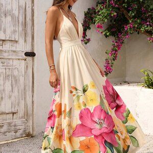 Multicolor Boho Vacay Women's Floral Print Deep V Neck Backless Maxi Dress